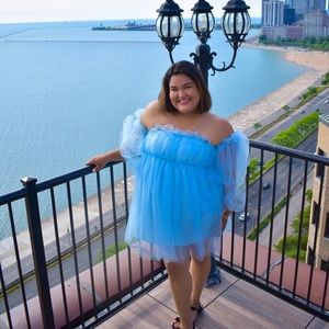 Off shoulder baby blue tulle dress